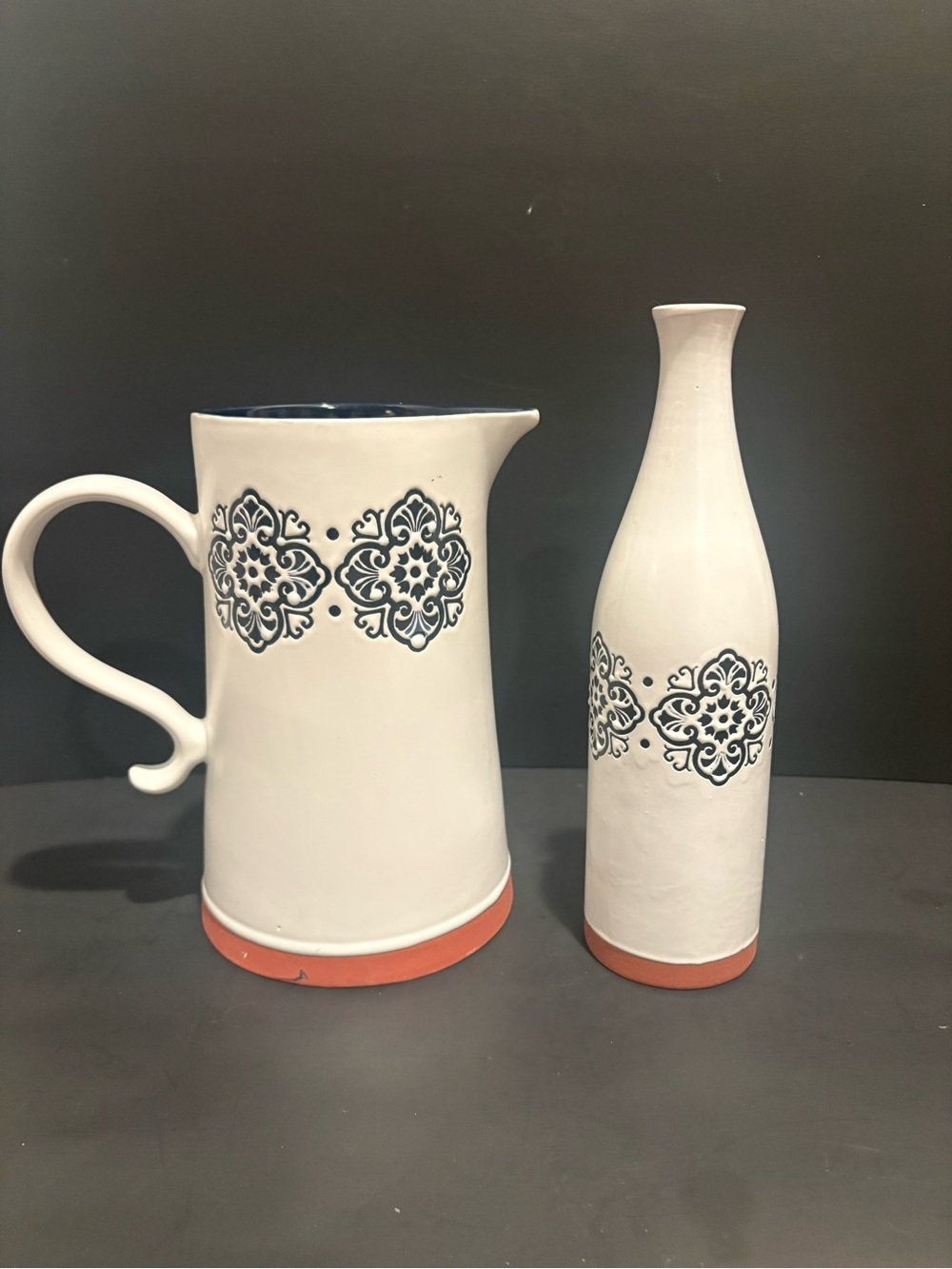 White Ceramic Pitcher and Vase Set with Blue Medallion Detail, Vintage